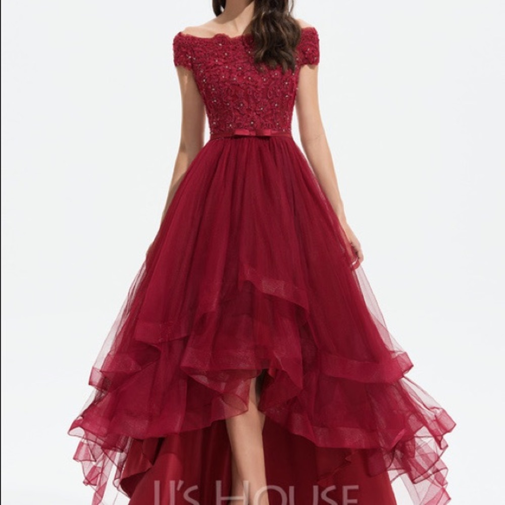 JJ’s House A-Line Off-the-Shoulder Asymmetrical Dress With Beading Sequins Bow
